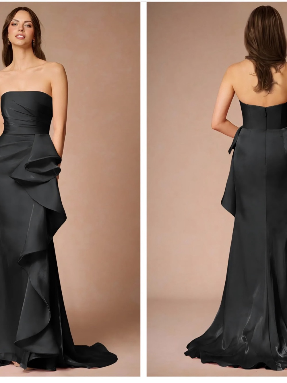 Strapless Navy Evening Gown with Cascade Ruffle